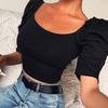 Elastic Women Top Fine Workmanship Cotton Blend Half Puff Sleeve Short T-shirt for Daily