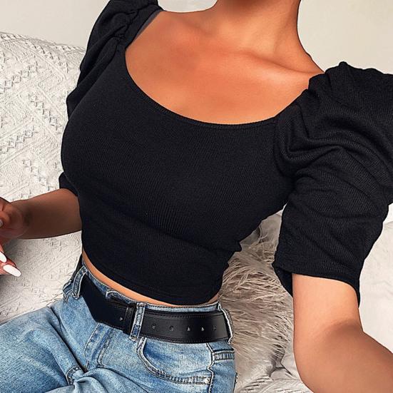 Elastic Women Top Fine Workmanship Cotton Blend Half Puff Sleeve Short T-shirt for Daily