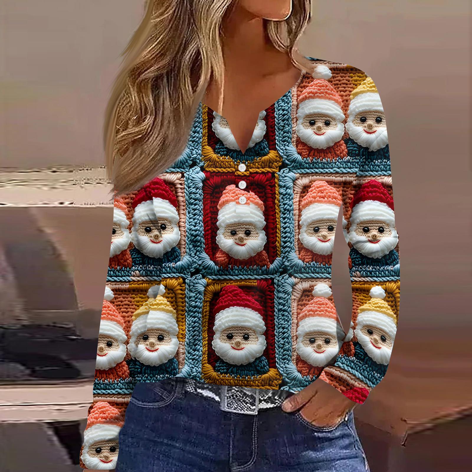 

Женская модная повседневная футболка с V-образным вырезом, на пуговицах, с длинным рукавом, с рождественским принтом L винный