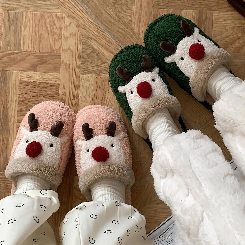 Shoes for Women Christmas Fluffy Fur Slipper Women Winter Warm Plush Home Slippers Flat Cute Slippers Men Women Couples Slippers