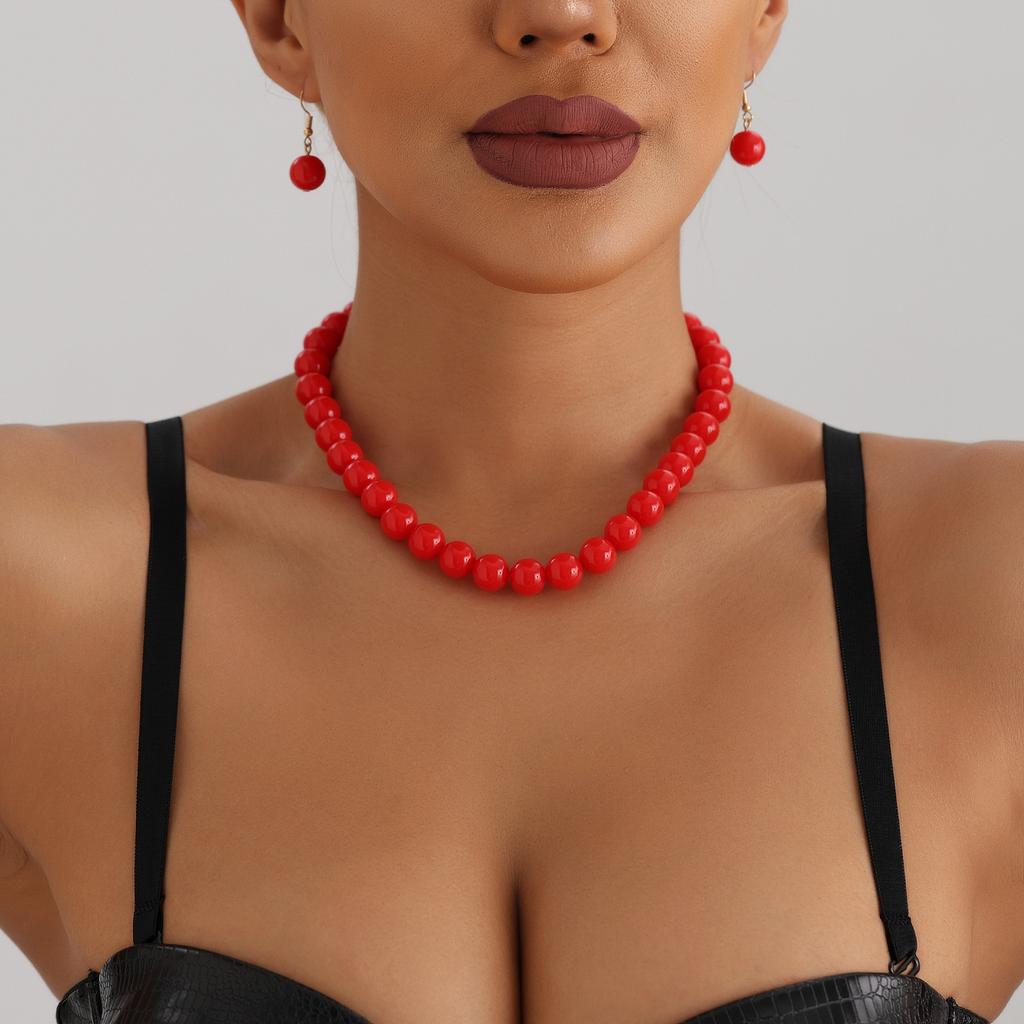 Accessories, Exaggerated Red Acrylic Beaded Necklace Women, Geometric Bead Collar Collarbone Chain
