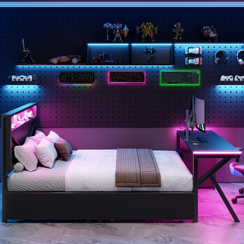 Piattaforma Letto da Gioco Grande 140x200 cm in Metallo con Testiera LED, Scrivania LED e Due Cassetti, Nero