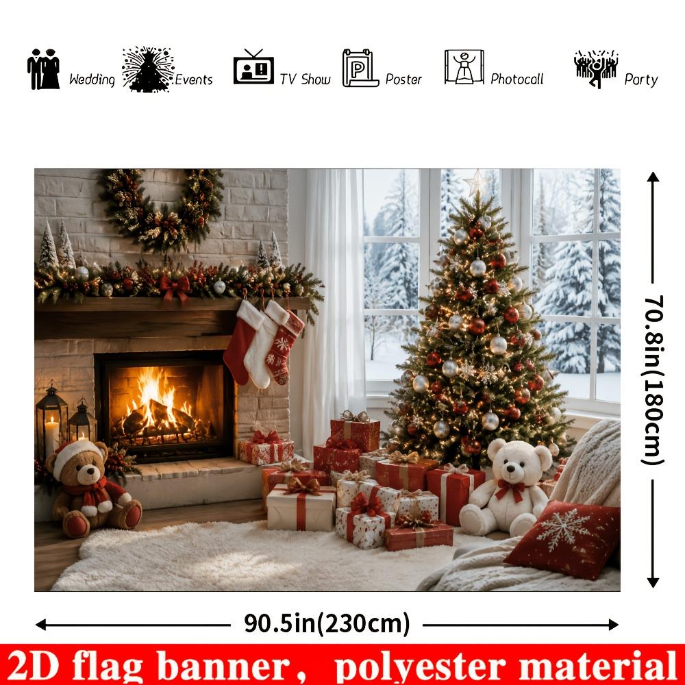 2D flat flag. Warm Christmas theme banner background. Christmas indoor scene theme. With a burning fireplace.zyc