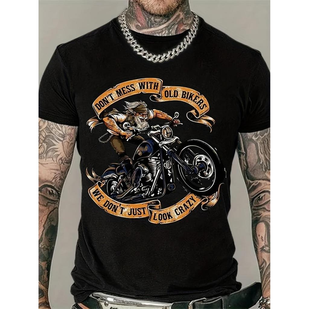 Summer Plus Men's Motorcycle Old Man Print Round Neck T-shirt 100% Pure Cotton Cool Cycling Sports Short Sleeved Shirt