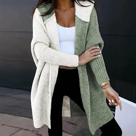 Color Block Hooded Knit Cardigan - Women's Mid-Length Outerwear for Autumn/Winter 2025