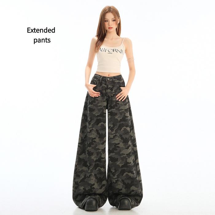 High street workwear wide-leg denim camouflage pants for women 026 new high-waisted slimming loose straight pants