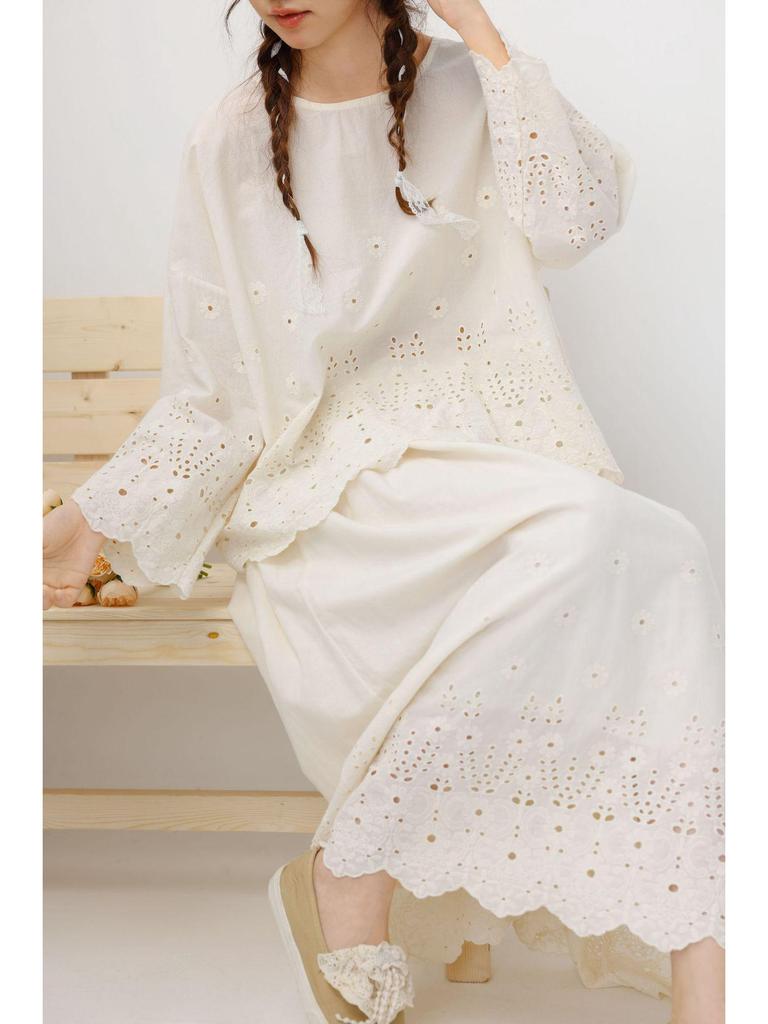 Japanese Literary Embroidered Lace Long Sleeve T-shirt & Skirt Set - Women's Pure Cotton Casual Fashion