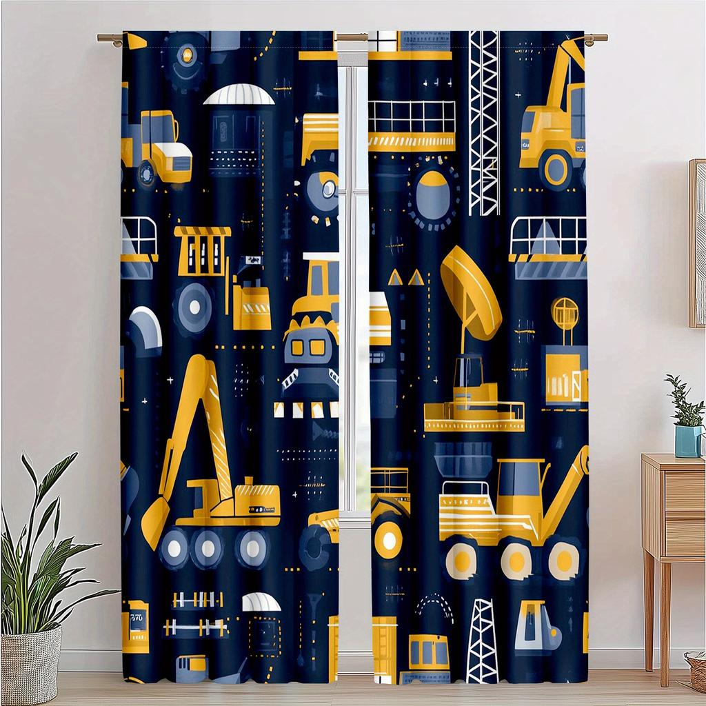 2pcs Construction Vehicle Curtains with Bulldozer   Crane   and Excavator Designs for Room Decorative curtains