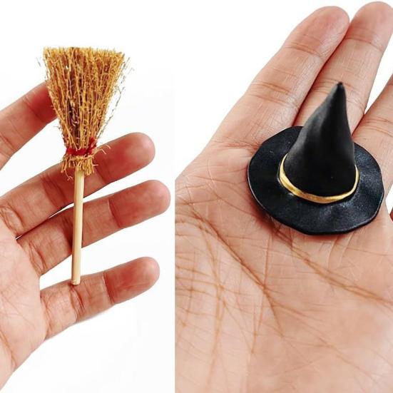 24 Pcs/Set Mini Witch Hat with Mini Broom Miniature Straw Brooms Plastic Witch Hat Set for Halloween Party Decoration