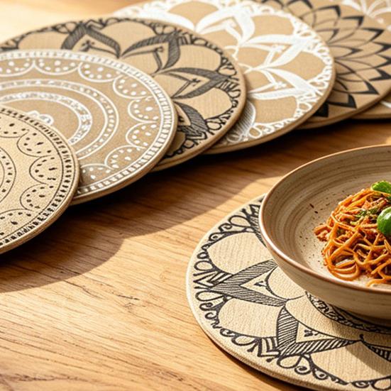 Round Faux Jute Placemats, Woven Table Mats with Nordic Pattern, Heat Resistant Pad for Dining Table, Restaurant Hotel Kitchen Decor