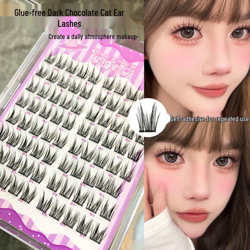 

Mengjie Glue-Free Black Cat Ear False Eyelashes - Natural, Segment Cluster, Comic Style