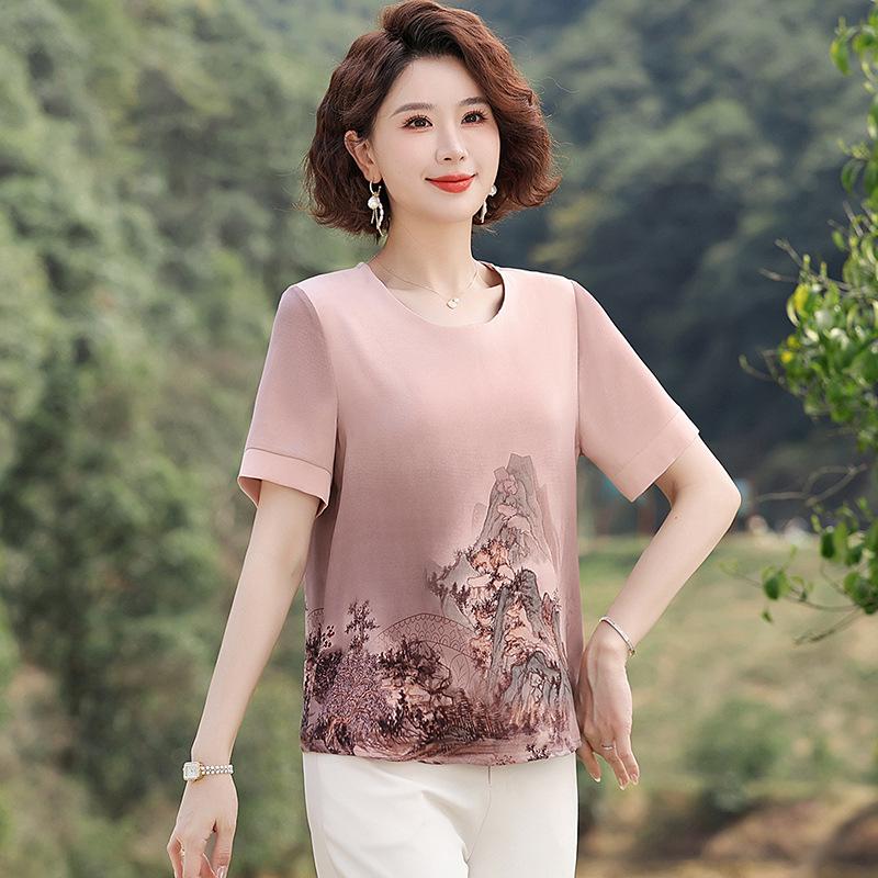 

Летняя блузка из шифона с коротким рукавом 2025 года для женщин среднего и пожилого возраста - Модная футболка с принтом 4XL for 135-145 kg