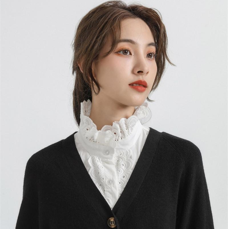 Womens Detachable Fake Collar White Blouses Half Shirt Elegant Ruffled Lace Patchwork French Style Neckwear Accessory