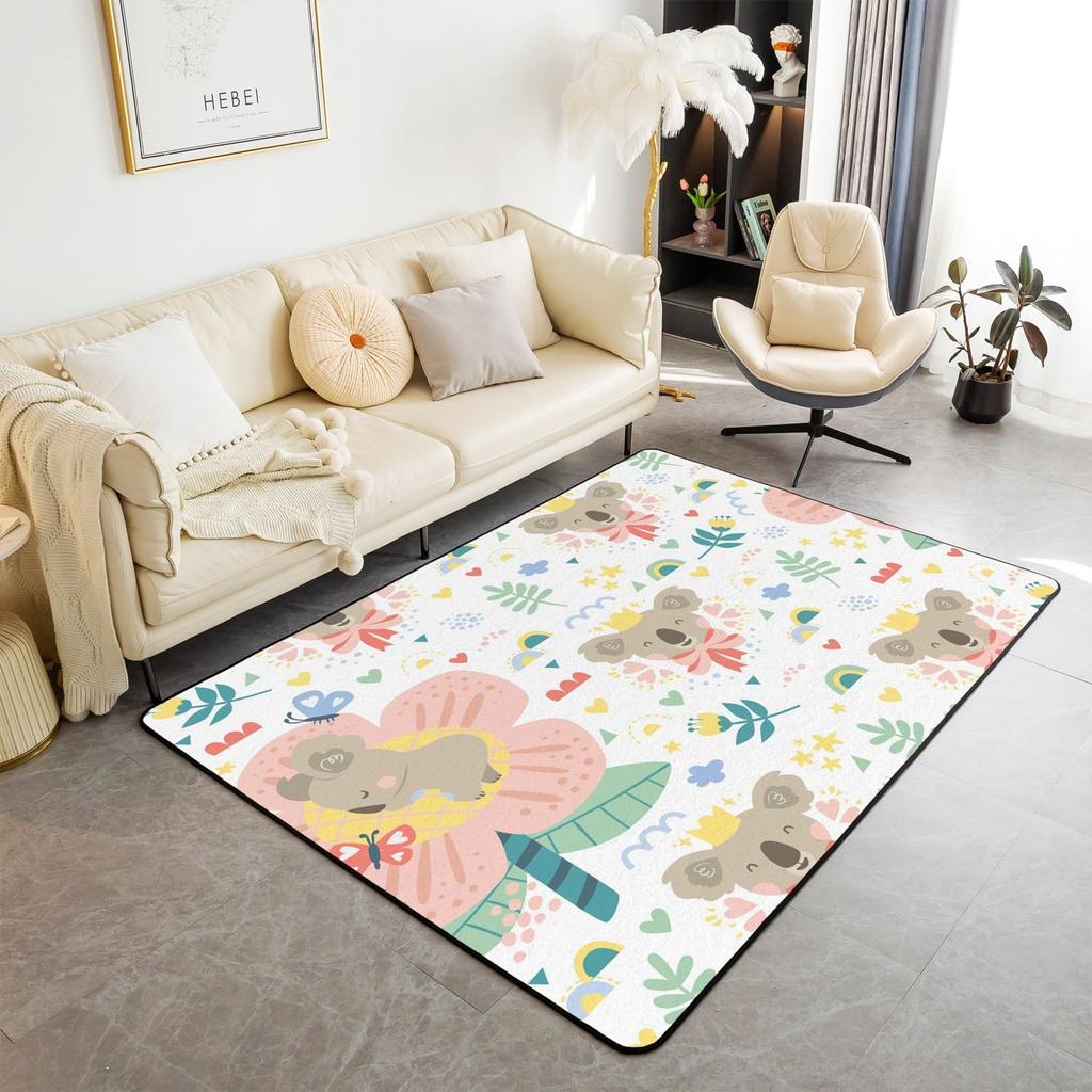 Cartoon Koala Area Rug Kawaii Wild Animal Carpet Flower Floor Mat for Bathroom Living Room Backyard Non Slip Entrance Doormat
