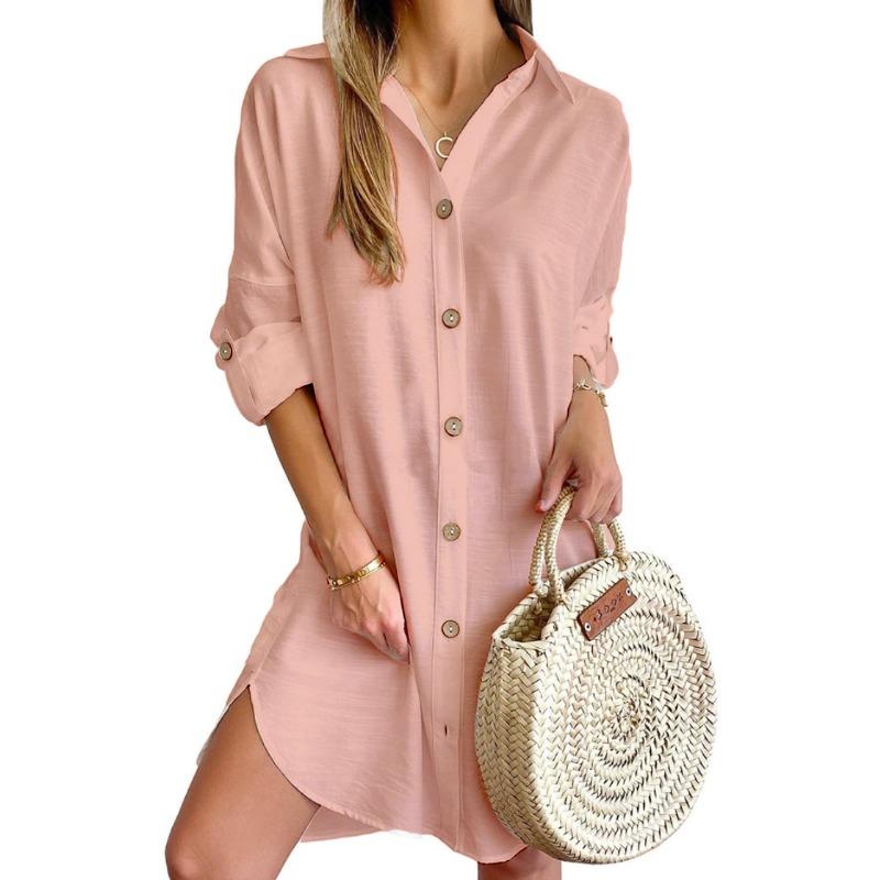 

Autumn Casual Long Sleeve Lapel Button Shirt Dress Women s Clothing XXL рожевий