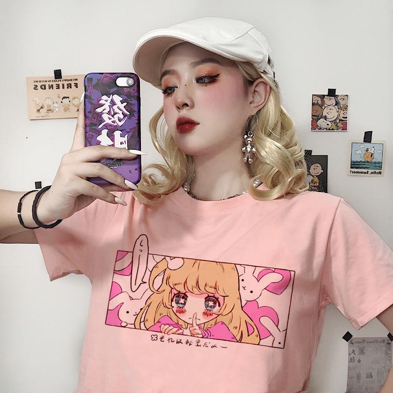 Scione Cute Cartoon T Shirt Japanese Harajuku Pink Kawaii Casual Tops Vintage Loose Women T-shirt