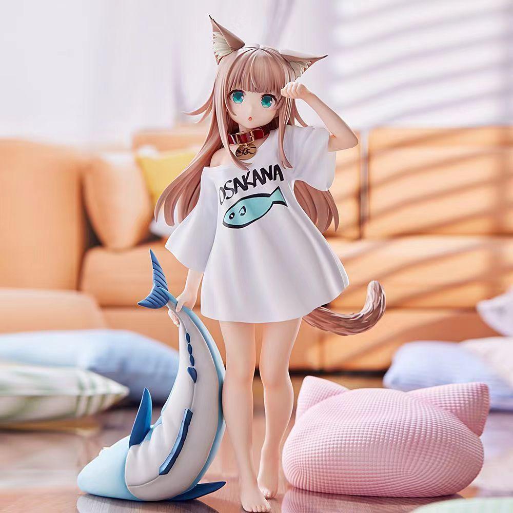 Cartoon-Katzenmädchen sitzt und isst Fisch Sojabohnenpulver Sitzhaltung kann Gesicht ändern Schönes Mädchen Figur Modell Spielzeug Geschenk