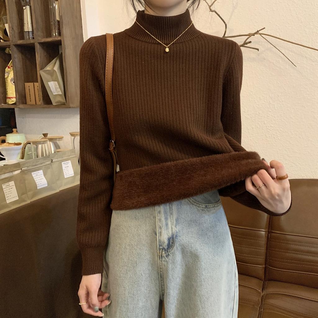 Winter Thickened Integrated Fleece Semi-turtleneck Sweater Women's Simple Pit Strip with Knitted Top Solid Color Bottoming Shirt
