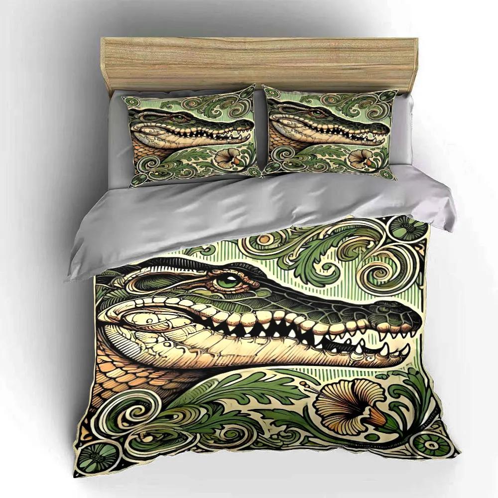 Crocodile Art Decor Set Soft Comfortable Duvet Cover Bedding Set Included 1*Duvet Cover & 2*Pillowcases Gift
