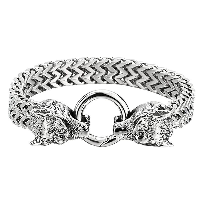 Bracciale Vikingo con Testa di Lupo in Acciaio Inossidabile con Catena a Maglia Franco Retro