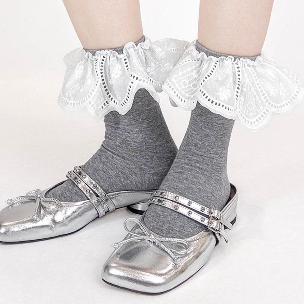 White Embroidered Ruffle Socks Mid Tube Short Sock Elastic Women Hosiery  Outdoor