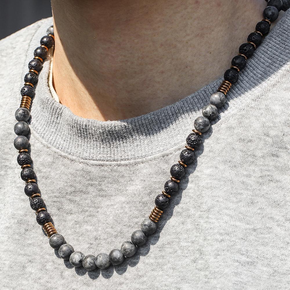 Exaggerated Sparkling Stone Volcanic Stone Beaded Necklace Men's Hip-hop Niche Design Sense Men's Black Gallstone Long Necklace