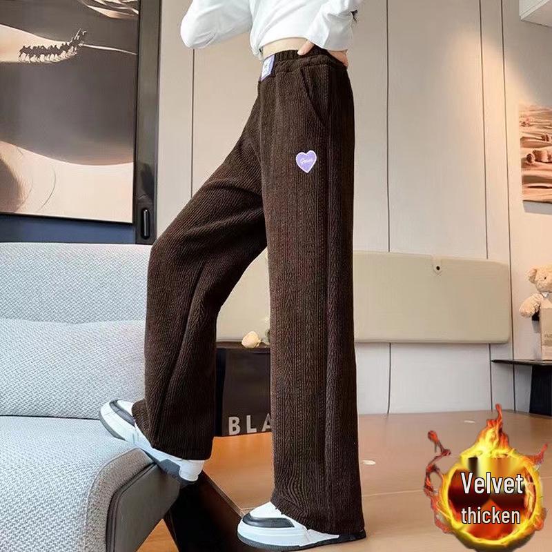 Girls' 2025 Autumn/Winter Fashionable Fleece-Lined Wide-Leg Pants