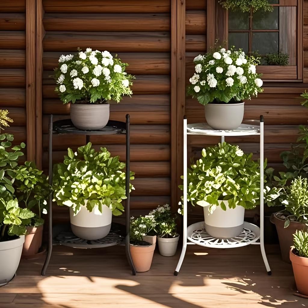 2-stöckiger Metall-Pflanzenständer 19,69 Zoll hoch, Mehrzweck-Blumentopf-Ausstellungsregal für drinnen/draußen, Schwarz/Weiß moderner Stil, robust, einfache Montage