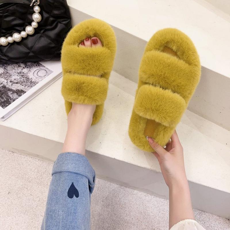 Autumn and winter new double with fluff mop outer wear fashion casual women's one-word cotton slippers flat bottom home plush slippers
