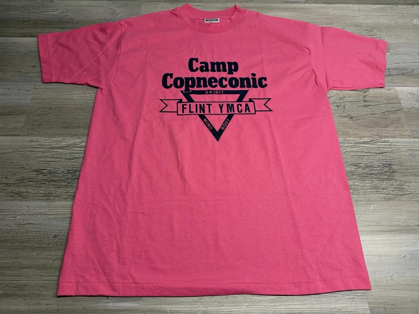 

Vintage YMCA Camp T-Shirt Copneconic Flint Michigan Single Stitch Hot Pink XL L