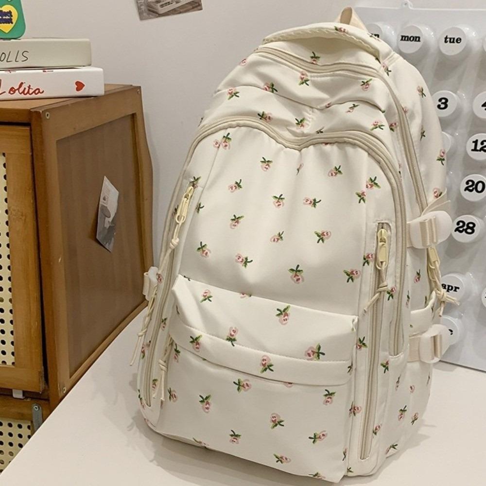 Multi-compartment Bow Pattern School Bag Multi-pocket Rucksack Floral Print Backpack Travel