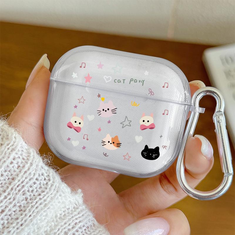 Cute Cartoon Cat Pattern Earphone Case for AirPods Pro3/Pro2/Pro Protective Case for AirPods 4/3/2/1 Transparent TPU Soft Cover