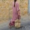 Vintage Stripe Print V-Neck Long Sleeve Women Loose Cotton Linen Maxi Dress