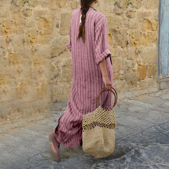 Vintage Stripe Print V-Neck Long Sleeve Women Loose Cotton Linen Maxi Dress