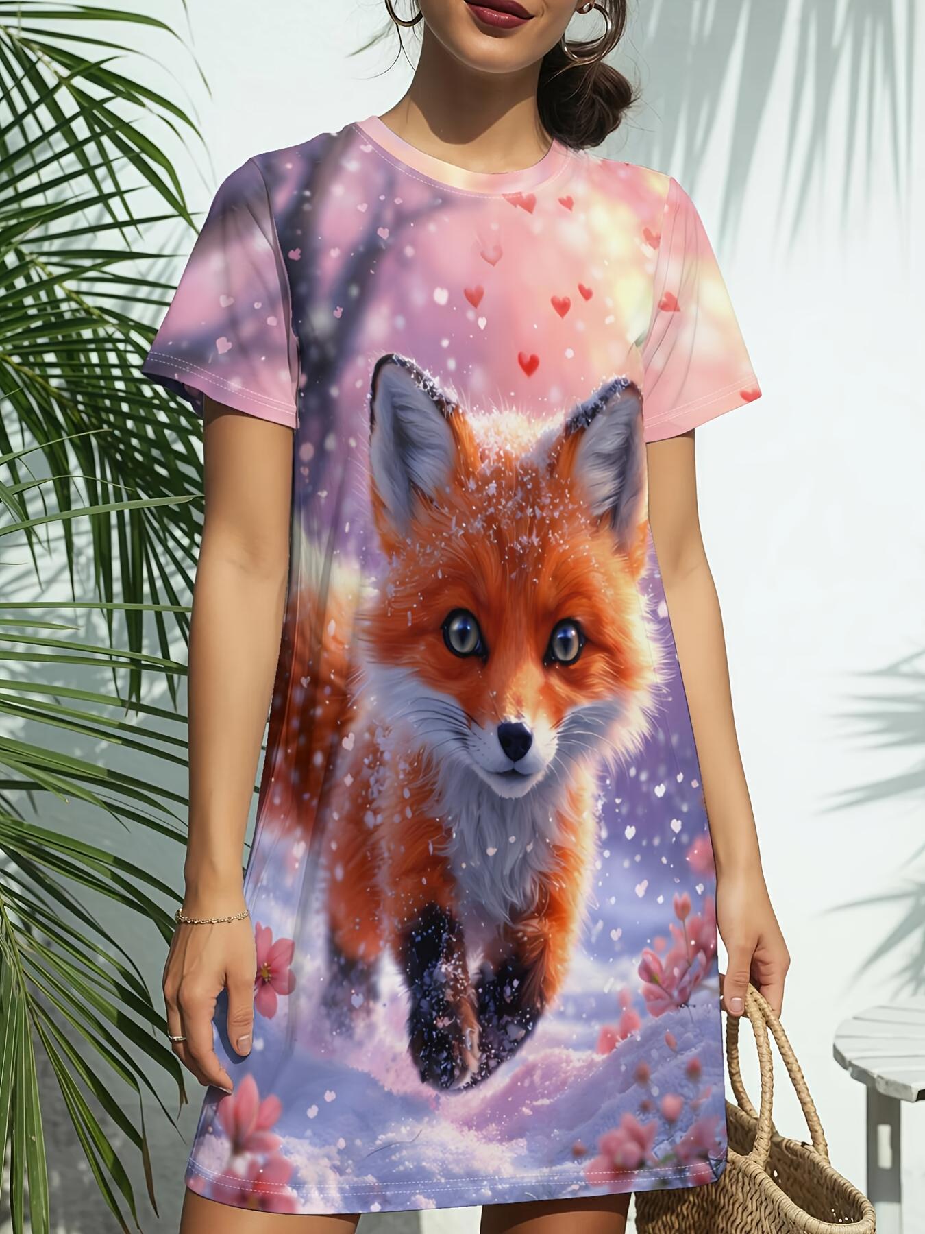 

Fox Winter Art Print New Women S Round Neck Short Sleeve T-Shirt Dress. American Style Trendy Digital Print. Versatile for Spring And Summer Casual We 7XL дубильная кора