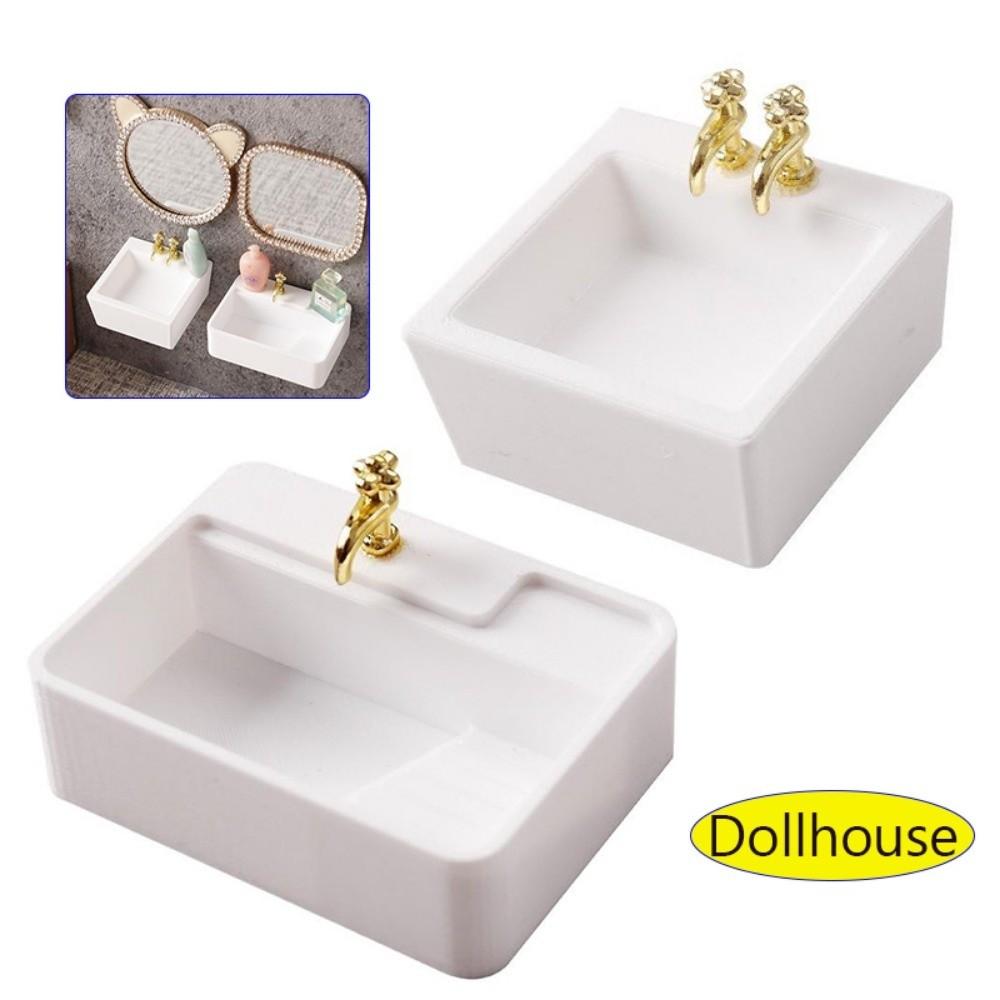 White Dollhouse Bathroom Sinks Golden Tap Miniature Dollhouse Sink Dollhouse Accessories