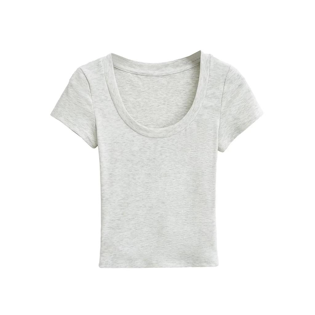 2025 Summer Slim Fit Short Sleeve Crop Top with Wide Round Neck