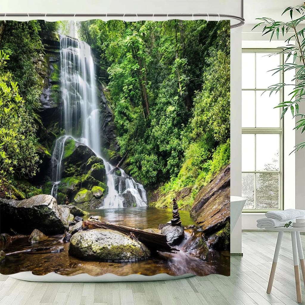 Nature Landscape Showewer Curtains Forest Green Plant Trees Bathroom Curtain Polyester Fabric Bath Decor for Home