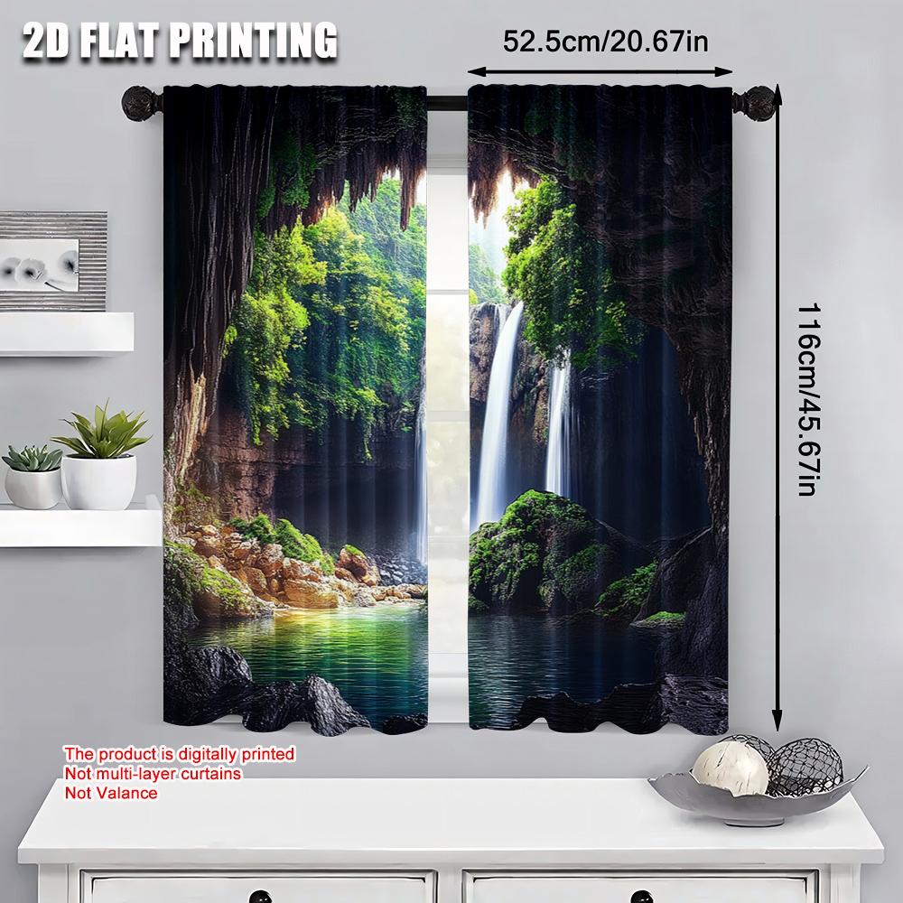 2pcs 2D flat printing Party Window Curtains Waterfall cave nature picture art 100% Polyester Without Electricity Spring Party &
