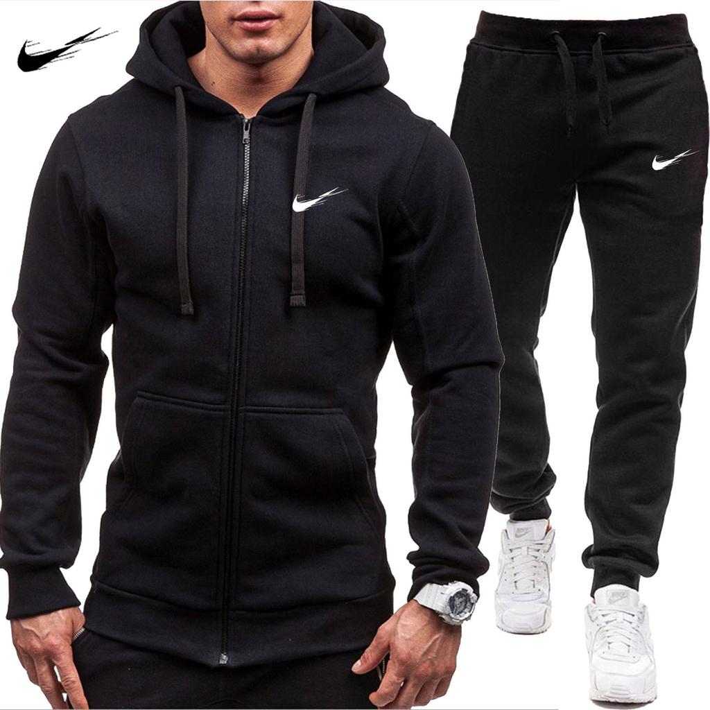 Navy Blue 2024 New Casual Sweatshirt Zipper Hooded Sweatshirt Jacket Men's Solid Color Cardigan Sports Men's Sweatshirt Set