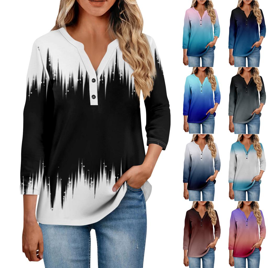 Women's Button Neck Tops Women's Casual Everyday Tops 3/4 Sleeve V Neck Fashion Print Shirt Tops Pocket Tee Sweatshirts