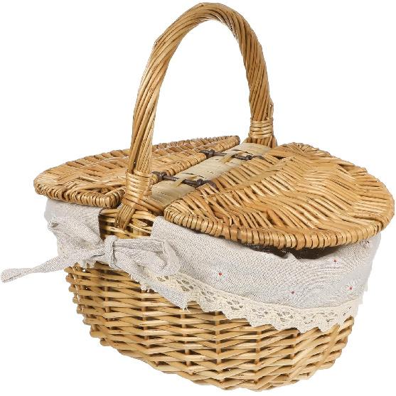 Oval Wicker Picnic Basket 1pc Fruit Vegetable Storage Basket Wicker Weaving Camping Picnic with Double Lid Linen Cotton Cloth Lining for Storage and