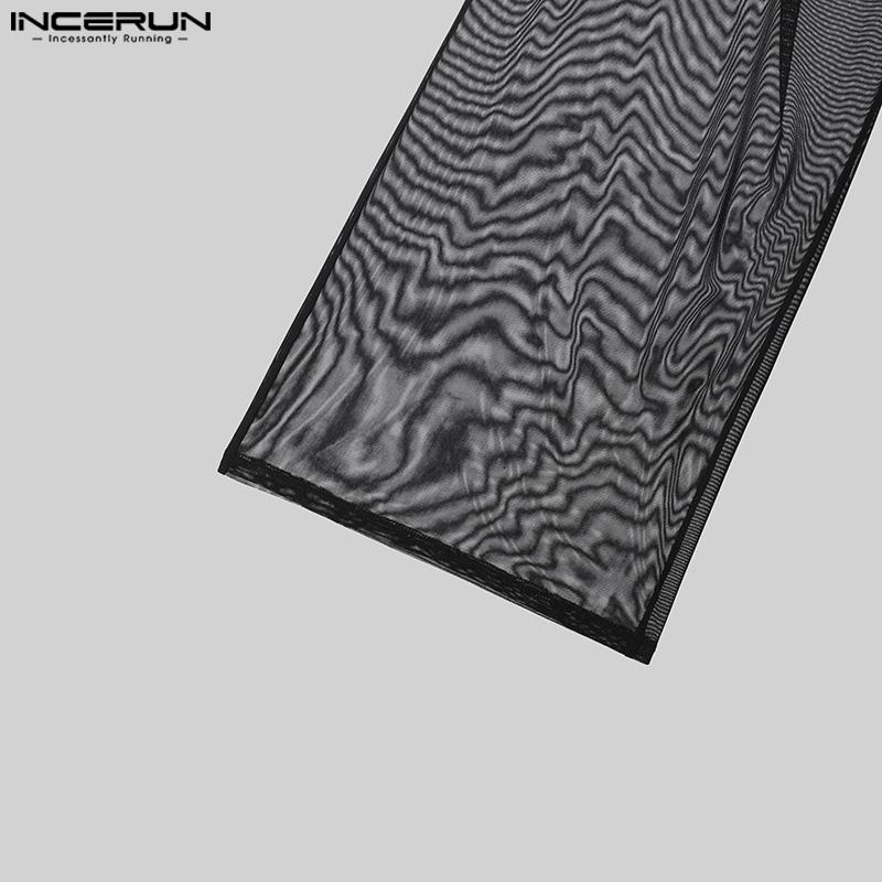 INCERUN Summer Men High Waist Transparent Pants Wide Leg Fishnet Trousers