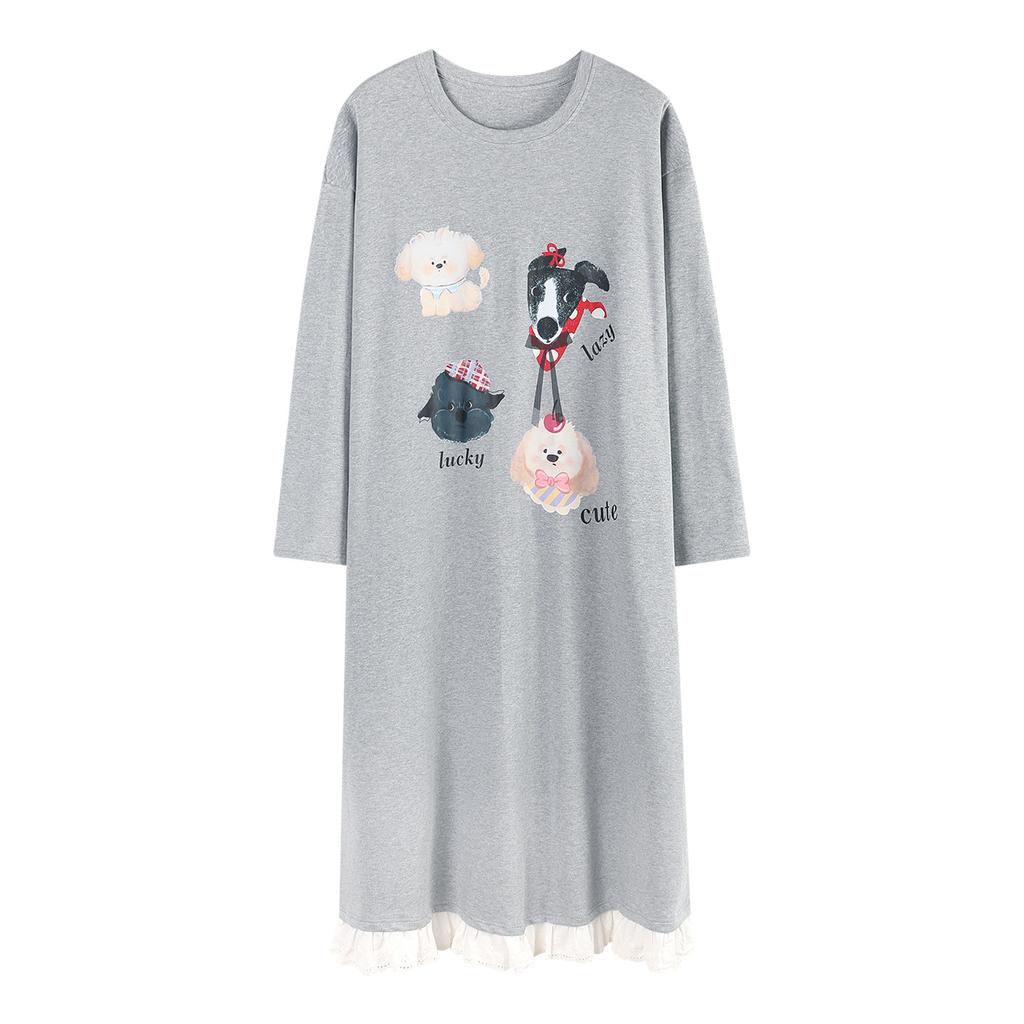 Spring And Autumn Cotton Long-Sleeved Pajamas Pajamas Women'S Thin Loose And Cute Cartoon Medium And Long Loungewear