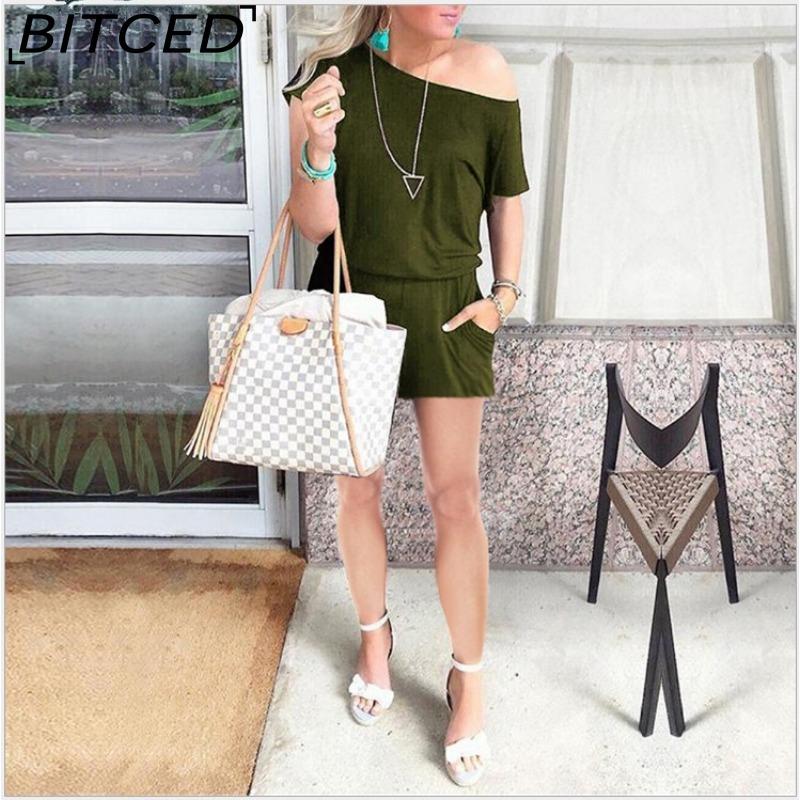 

BITCED Женский весенне-летний модный комбинезон с косыми плечами и короткими рукавами и карманами S