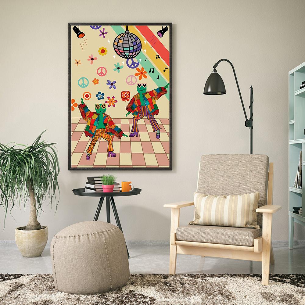 Frog Disco Funny Aesthetic Poster Pictures Retro 70s Groovy Hippie Ball Dancing Frogs Vintage Trippy Home Decor Wall Art Prints
