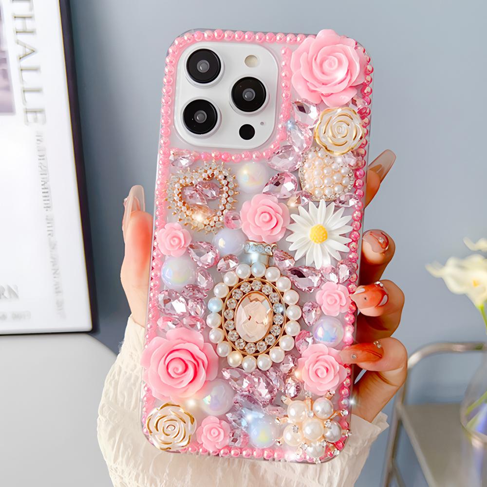 

Glitter Bling Floral Phone Case For VIVO V50 Lite Pro V50E V29E V40E V30E V27E 4G 5G 3D Rose Pearl Rhinestone Cover Girls Gift VIVO V27e розовый