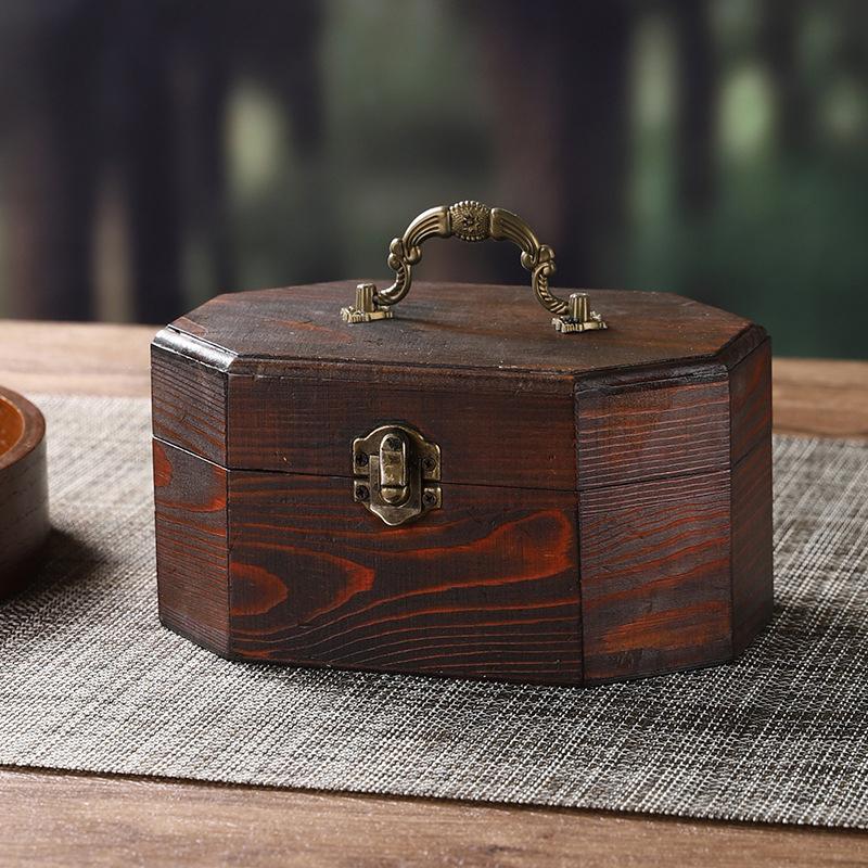 Vintage Wooden Jewelry Box Octagonal Design Storage Container with Lid and Handle Gift Box Snacks Dried Fruits for Home Decors