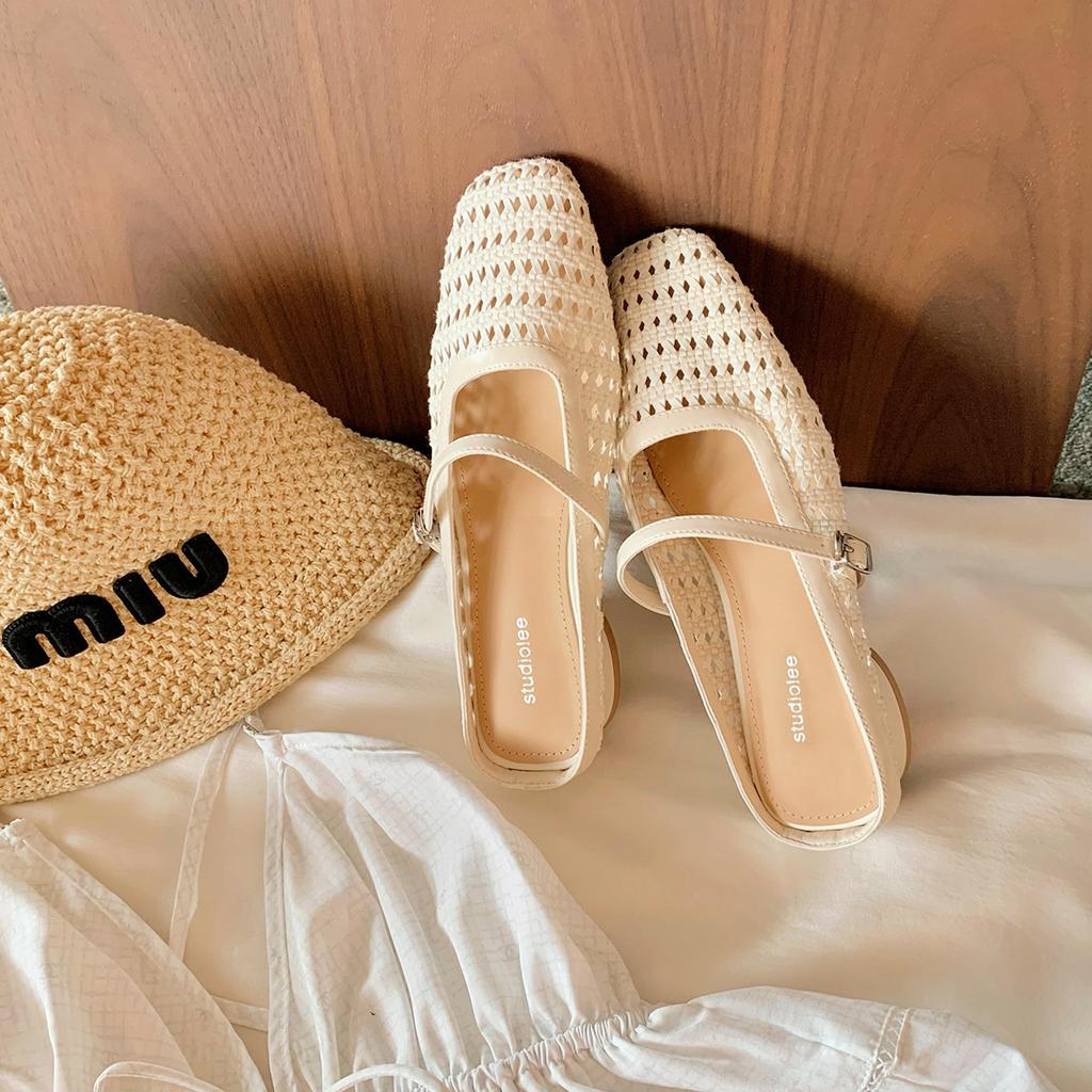 Sheepskin Grape Mother Baotou Slippers Women's Retro Woven Hollow Square Head One-word Thick Heel Muller Half-drag Empty Single Shoes