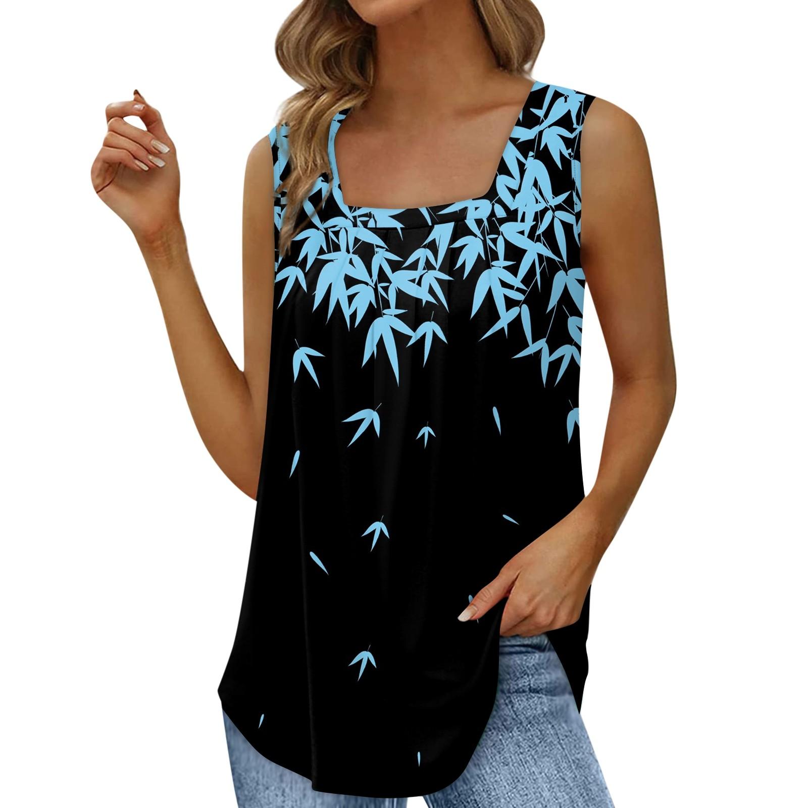 Women s Fashion Sexy Pleated Square Neck Printed Sleeveless Tank Top L светло-синий